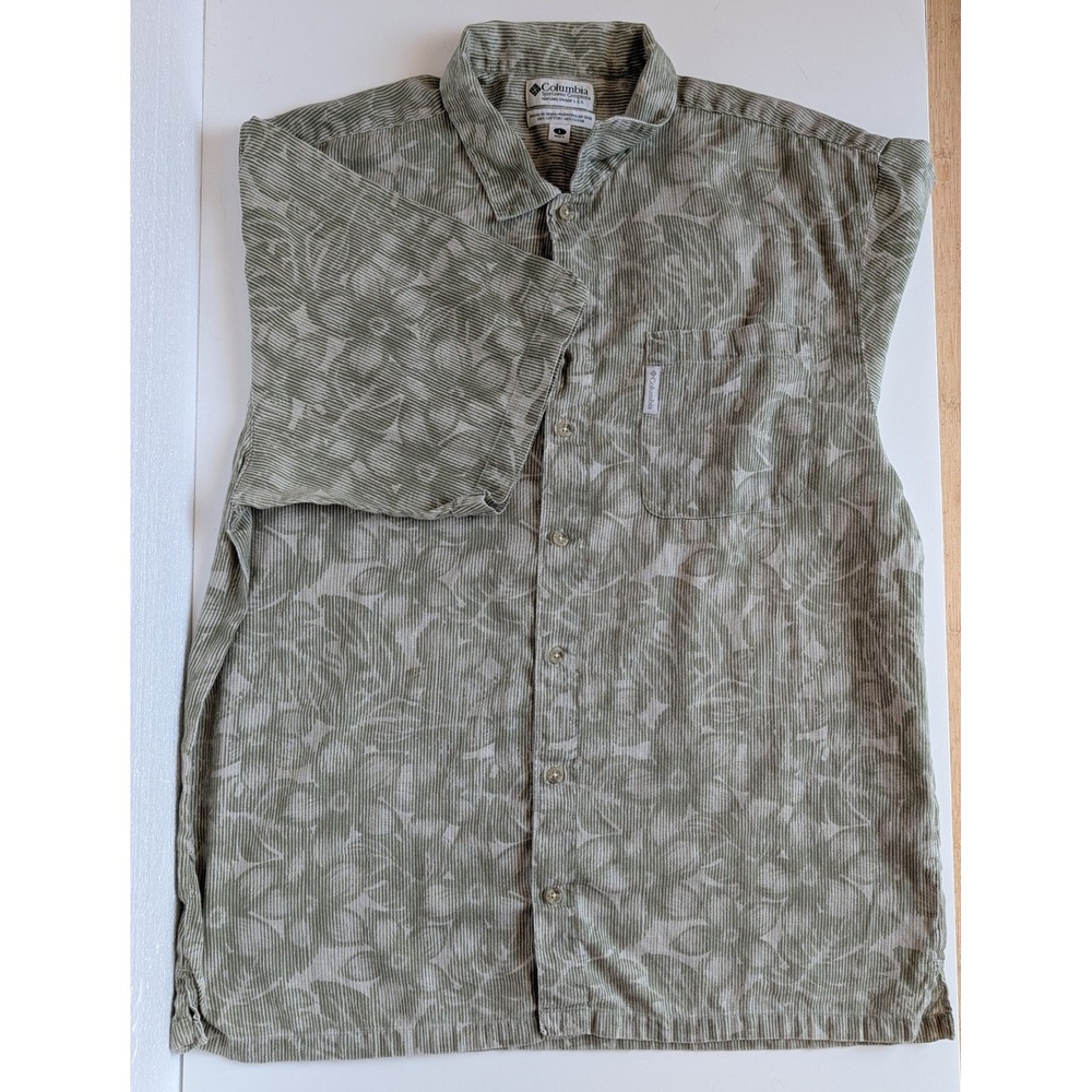 Columbia‎ Mens Sage Green Leaf Print Short Sleeve Cotton Button Up Shirt Large